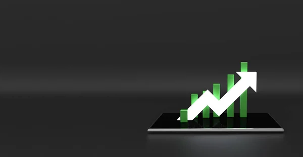 Green arrow and graph on mobile phone. Growing business concept.3D rendering.