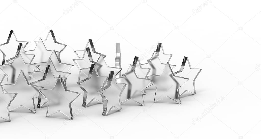 Five glass stars isolated on white background. 3D rendering.