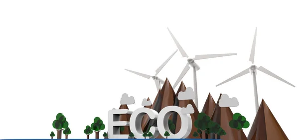 Eco Paisaje Natural Montaña Turbina Árbol Energía Renovable Aislada Sobre — Foto de Stock