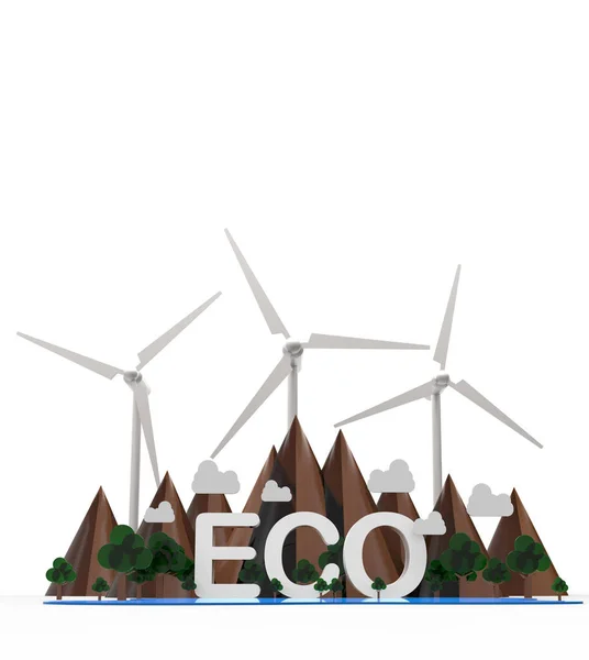 Eco Paisaje Natural Montaña Turbina Árbol Energía Renovable Aislada Sobre — Foto de Stock
