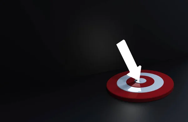 Flecha brillante golpeó en el objetivo en el fondo oscuro. Concepto de negocio. Ilustración 3D . —  Fotos de Stock