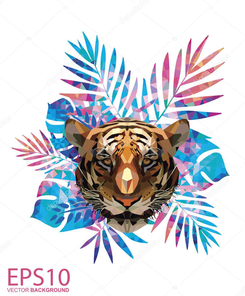 Low polygon tiger head and Colorful tropical leaf pattern backgr