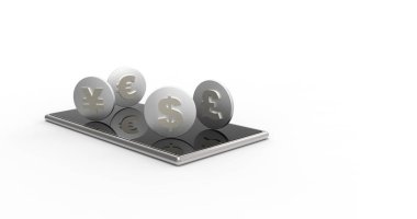 Cep telefonu ve sikkeler beyaz arka plan üzerinde izole. 3d renderin