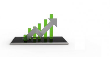 Cep telefonunda gümüş ok ve yeşil grafik. Büyüyen iş c