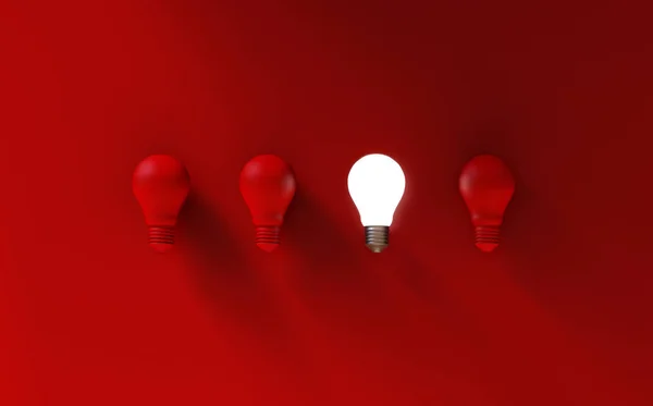 Glühbirnen auf rotem Hintergrund. Ideenkonzept. 3D-Illustration. — Stockfoto