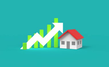 Büyüme gayrimenkul kavramı. İş grafiği ve ev. 3d Görüntü. 