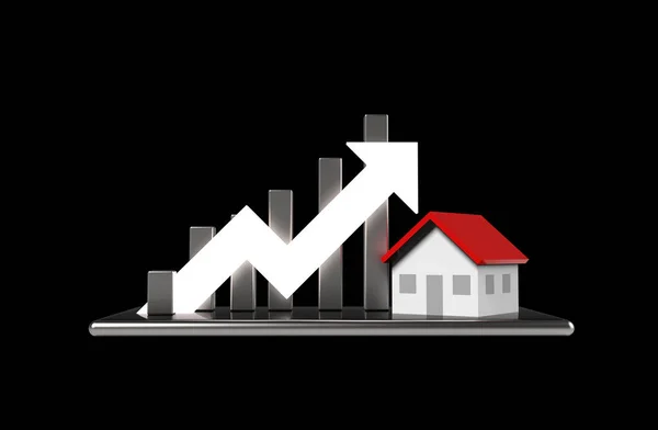 Concepto de crecimiento inmobiliario. Gráfico de negocio y casa en móvil p — Foto de Stock