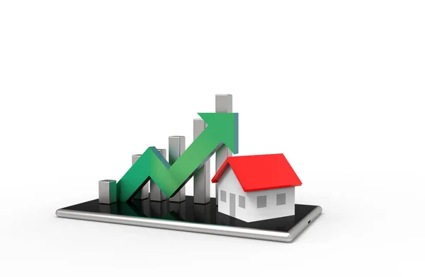 Wachstumsimmobilienkonzept. Geschäftsdiagramm und Haus auf dem Handy. 3D-Illustration. — Stockfoto