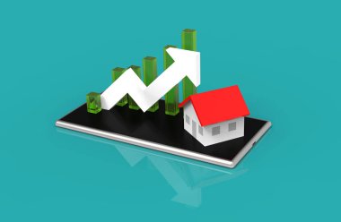 Büyüme gayrimenkul kavramı. İş grafiği ve cep telefonundan ev. 3d Görüntü. 