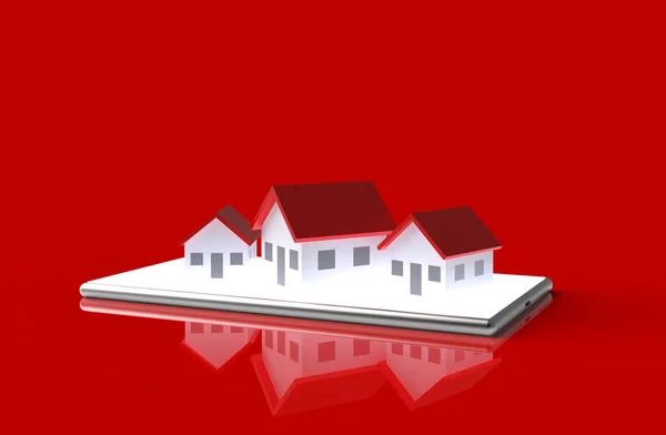 Концепция онлайн-недвижимости Грозного. Группа дома на мобильном телефоне. 3D-моделирование . — стоковое фото