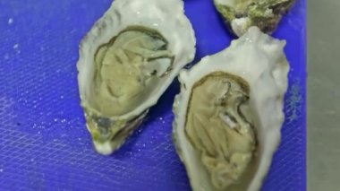 Ekolojik temizlik, taze midyeler, aşçı tarafından açılmış istiridyeler mutfak tahtasının üzerinde yatıyor. Yatay video. Yakın plan..