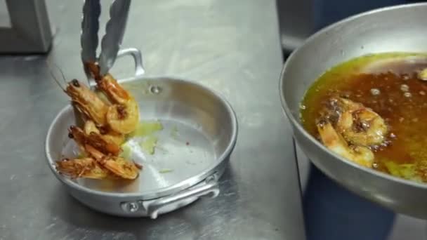 Ο σεφ βάζει γαρίδες, καλαμάρια σε ένα μεταλλικό πιάτο. Οριζόντια βίντεο. Κοντινό πλάνο. — Αρχείο Βίντεο
