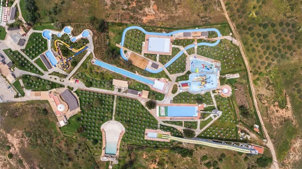 Aerial image of a large Water park with various slides and pools. Close-up. — Stock Photo, Image