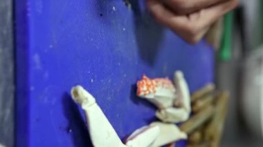 Şef kabuğu çıkarmak için ıstakoza çekiçle vurur. Dikey video. Yakın plan..