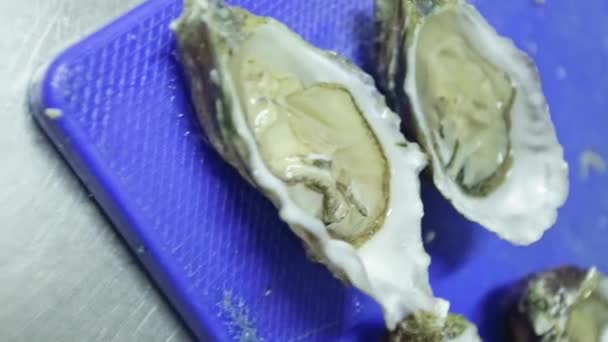 Ecologisch schoon, verse mosselen, oesters, geopend door de chef-kok. Verticale video. Close-up. — Stockvideo