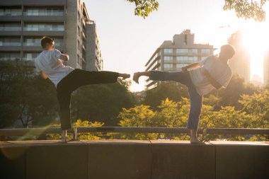 Gün batımında senkronize tekvando yapan iki genç adam..