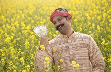 Hindistan Rupisi notları alanına tutan çiftçi