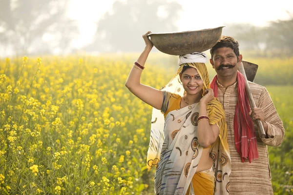 农业领域的农村夫妇与铁锅和锄头 — 图库照片