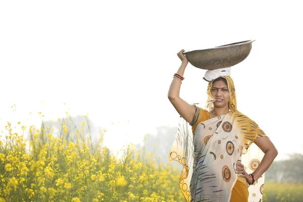 印度女农民头上拿着铁锅在农业领域 — 图库照片