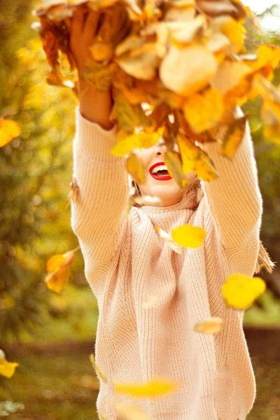 Żółte Liście Koszulach Dziewczyny Szczęśliwa Dziewczyna Liśćmi Rama Jesienna — Zdjęcie stockowe