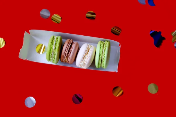 Weihnachtsgeschenkset Vorhanden Macarons Einer Schachtel Verschiedene Makronen Desserts Bestellen Kuchen — Stockfoto