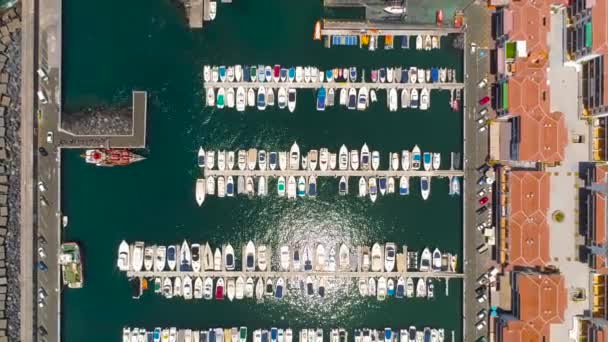 Luchtfoto Van Moderne Zeil Motorboten Jachten Kust Marina Los Gigantes — Stockvideo