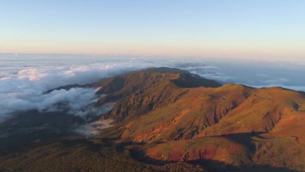 在日落时 在山上飞行 下面的熔岩云 鸟鸟图 特内里费岛 加那利群岛 — 图库视频影像