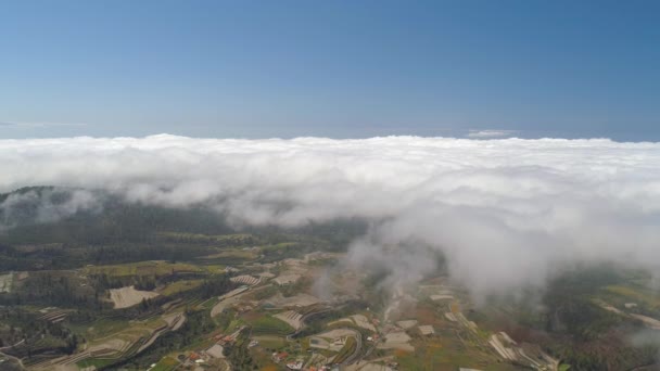 テネリフェ島 晴れた日の雲の上の飛行の小さな町の空撮 スペイン カナリア諸島 で上からショットをドローンします — ストック動画