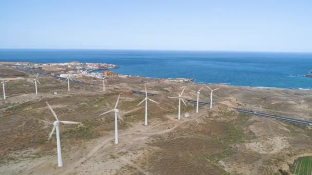 从西班牙加那利群岛特内里费岛的风车高度看鸟图 无人机在4K 大西洋的野生海岸 — 图库视频影像