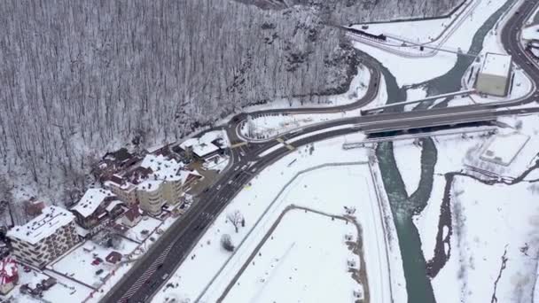 Luftaufnahme Des Skigebiets Gorki Gorod Kaukasus Sotschi Russland Bergstraßen Von — Stockvideo