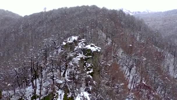 Krajobraz z lotu ptaka widok gór Kaukazu w Gorky Gorod, Sochi, Federacja Rosyjska. Drzew i skał, pokryte śniegiem. — Wideo stockowe