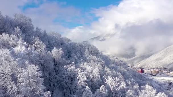 Luftaufnahme der kaukasischen Berge in Gorki Gorod, Sotschi, Russland. Bäume und Felsen mit Schnee bedeckt. — Stockvideo