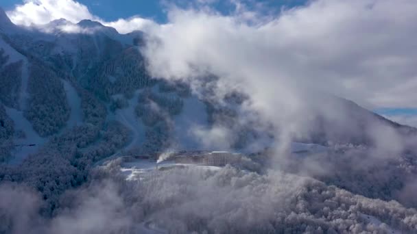Aerial landscape view of Caucasus Mountains in Gorky Gorod ski and snowboard resort, Sochi, Russia. — Stock Video