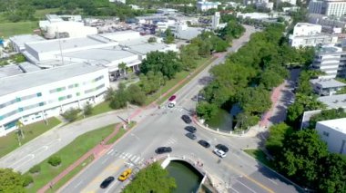 Miami, Florida, Abd - Ocak 2019: Güneşli bir günde Miami beach şehir merkezi üzerinde havadan drone panorama görünümü uçuş. Caddeler, oteller, alışveriş merkezleri ve yukarıdan konut binaları
