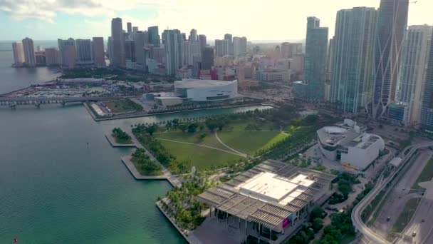 Aerial View Coastal Buildings Bay Miami Usa Sunset — Stock Video