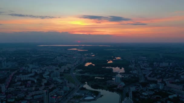 Minsk Belarus Mayo 2019 Vista Aérea Del Centro Ciudad Atardecer — Vídeos de Stock