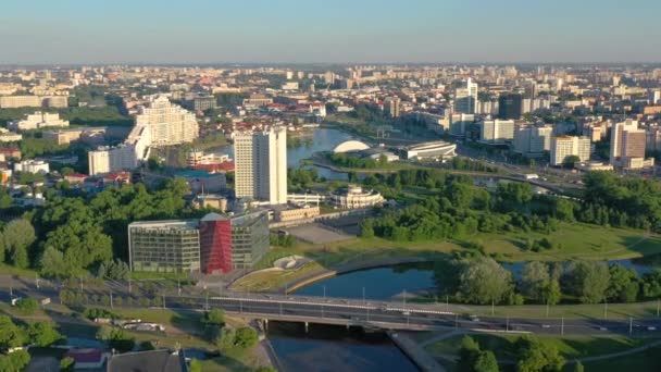 Minsk Belarus Maio 2019 Vista Aérea Drone Avenida Nemiga Pobeditelei — Vídeo de Stock