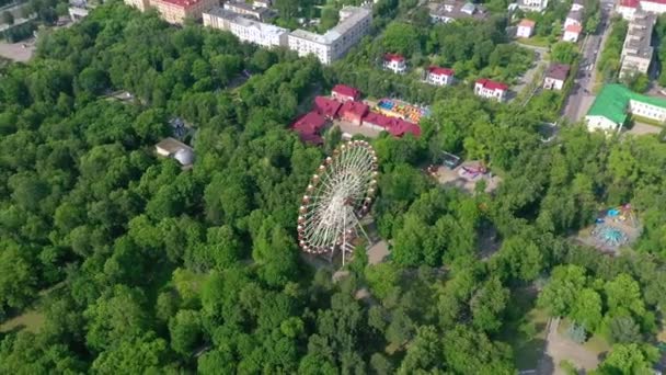 Minsk Belarus Mayo 2019 Aerial Drone Amusement Park View Ferris — Vídeos de Stock