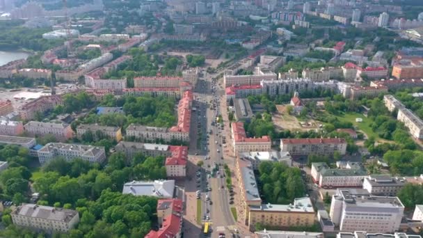 Minsk Vitryssland Maj 2019 Flygvy Vägar Korsning Med Stadstrafik Omgiven — Stockvideo