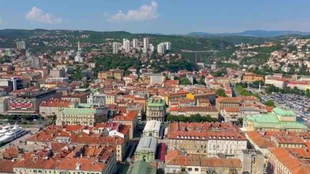 RIJEKA, CROATIA - MAY, 2019: Aerial view drone shot of Rijeka city on Adriatic Sea shore. City from above. — Stock Video