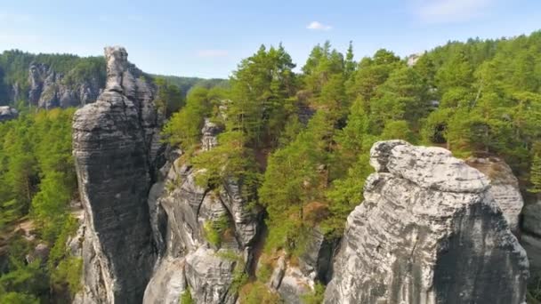 Bastei Park Sajonia Alemania Maravillosa Vista Panorámica Del Dron Aéreo — Vídeos de Stock