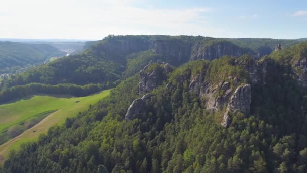 Bastei Park Sajonia Alemania Maravillosa Vista Panorámica Del Dron Aéreo — Vídeos de Stock