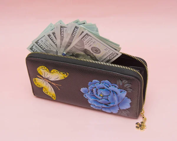 Woman wallet with money isolated on the pink background