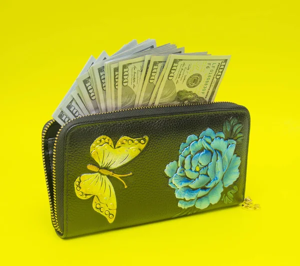 Woman wallet with money isolated on the yellow background
