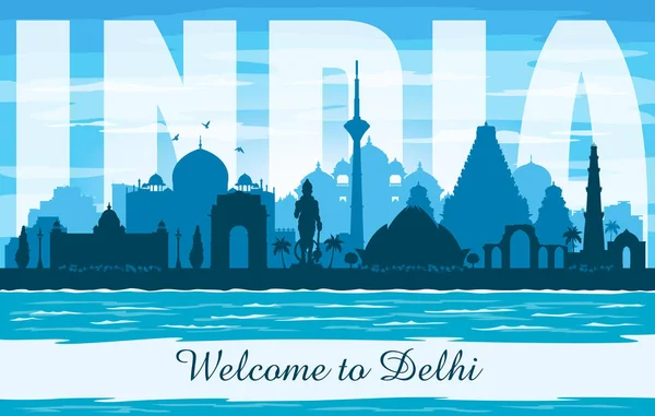 Delhi Indien City Skyline Vektor Silhouette Illustration — Stockvektor