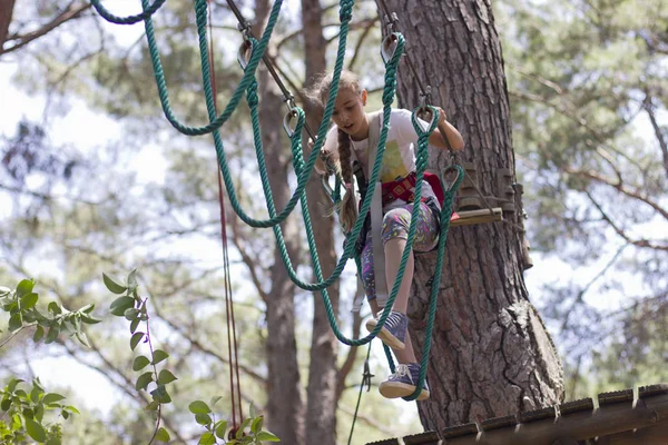 Chica Adolescente Con Equipo Escalada Parque Atracciones Cuerda — Foto de Stock