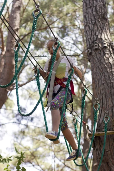 Chica Adolescente Con Equipo Escalada Parque Atracciones Cuerda — Foto de Stock