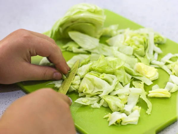 Bir marul salatası yeşil kartı üzerindeki bir bıçakla kesilmiş eller