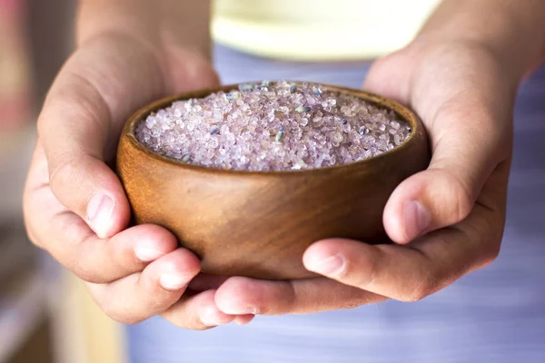 Girl Hands Holding Lavender Bath Salt Wooden Bowl — Stock Photo, Image