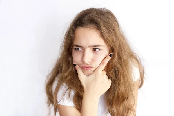 Pretty Teenager Girl Long Hair Makes Very Angry Funny Face — Stock Photo, Image
